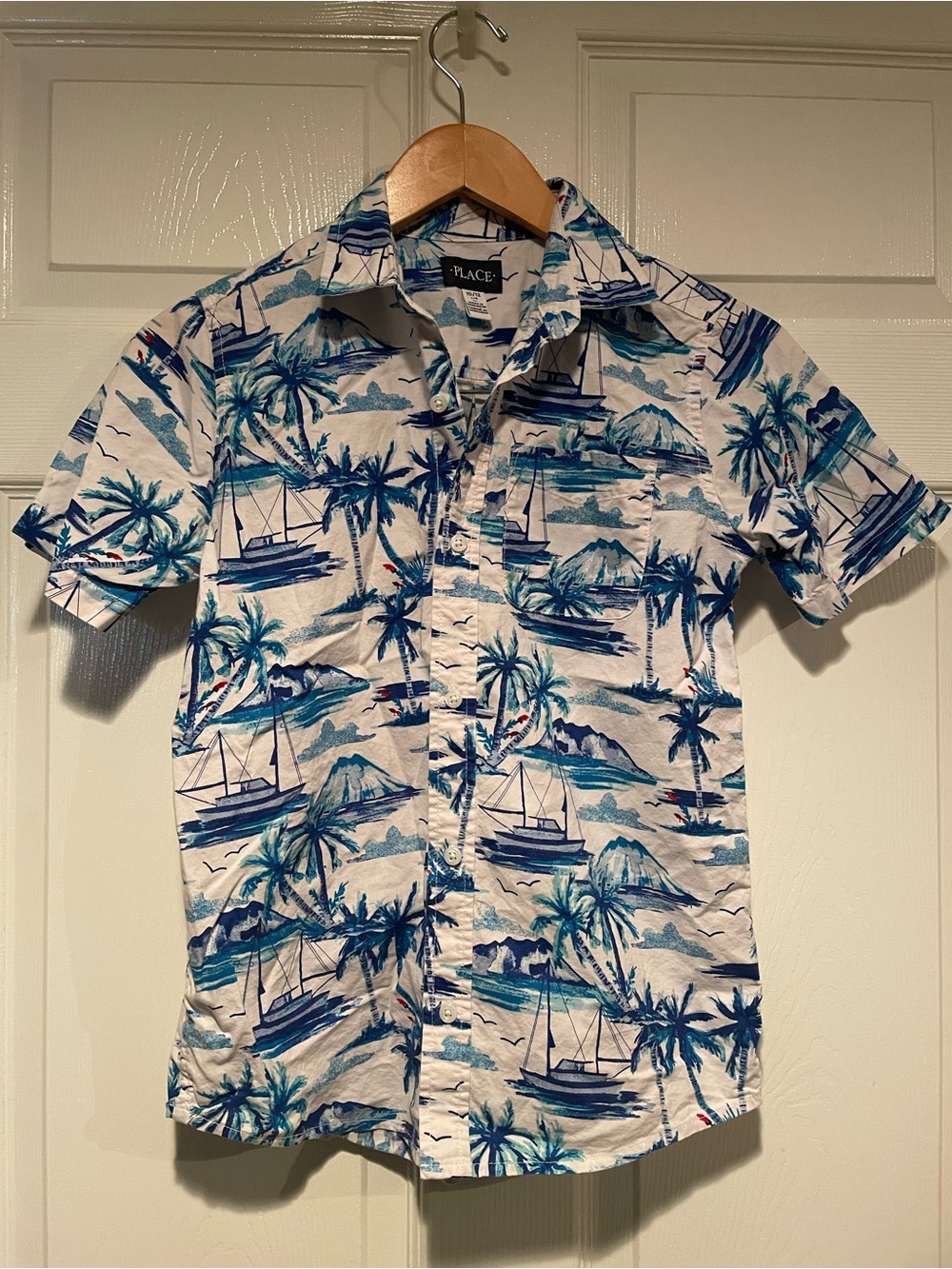 The Children's Place White Button-Down Shirt with Blue Tropical Sailboat Print
